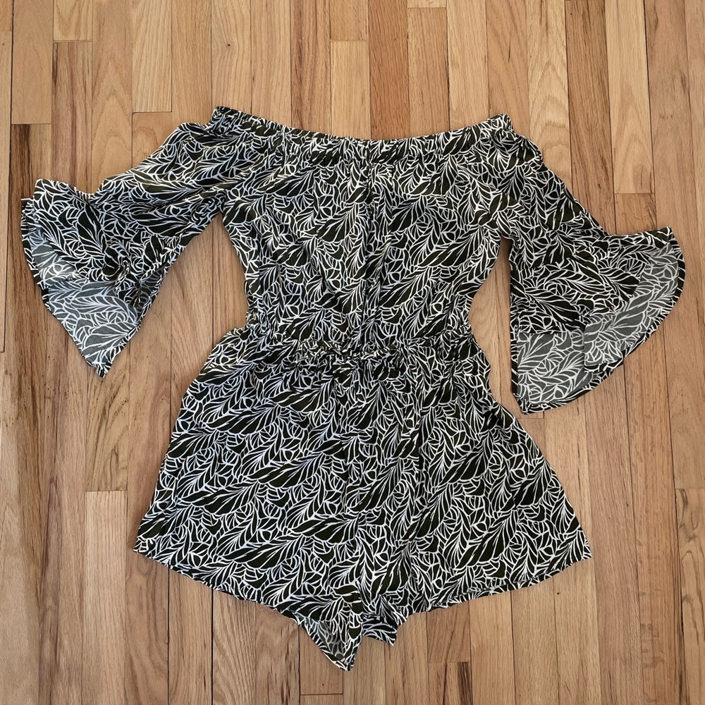 Express Olive Green and White Off-Shoulder Romper